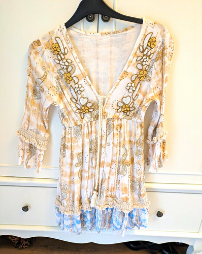 Cream gold blue - paisley, beaded