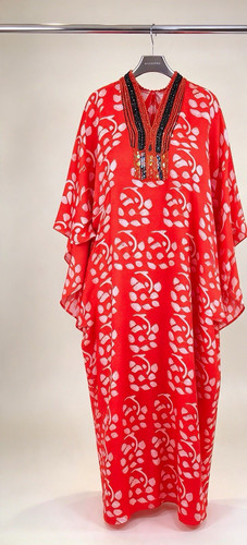 Red white floral kaftan - white, long