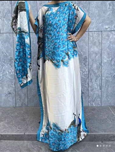 Sky blue peacock kaftan dress - blue,