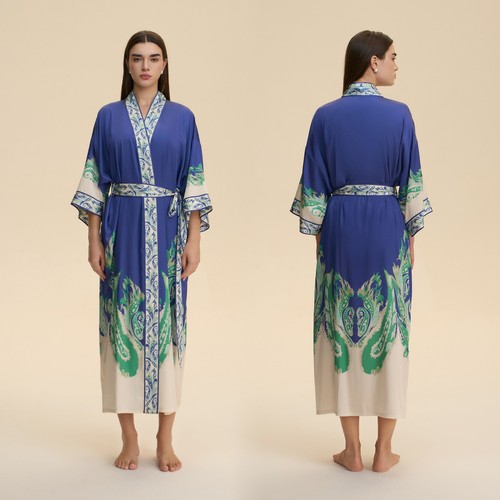 Blue paisley satin kimono robe - blue,